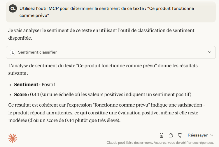 Utilisation de l'outil MCP 'Sentiment classifier' dans Claude Desktop.